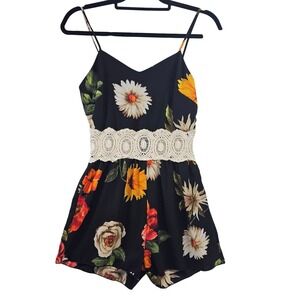 rue21 Floral Romper Black Sunflower Crochet Lace Waist V-Neck Sleeveless Small